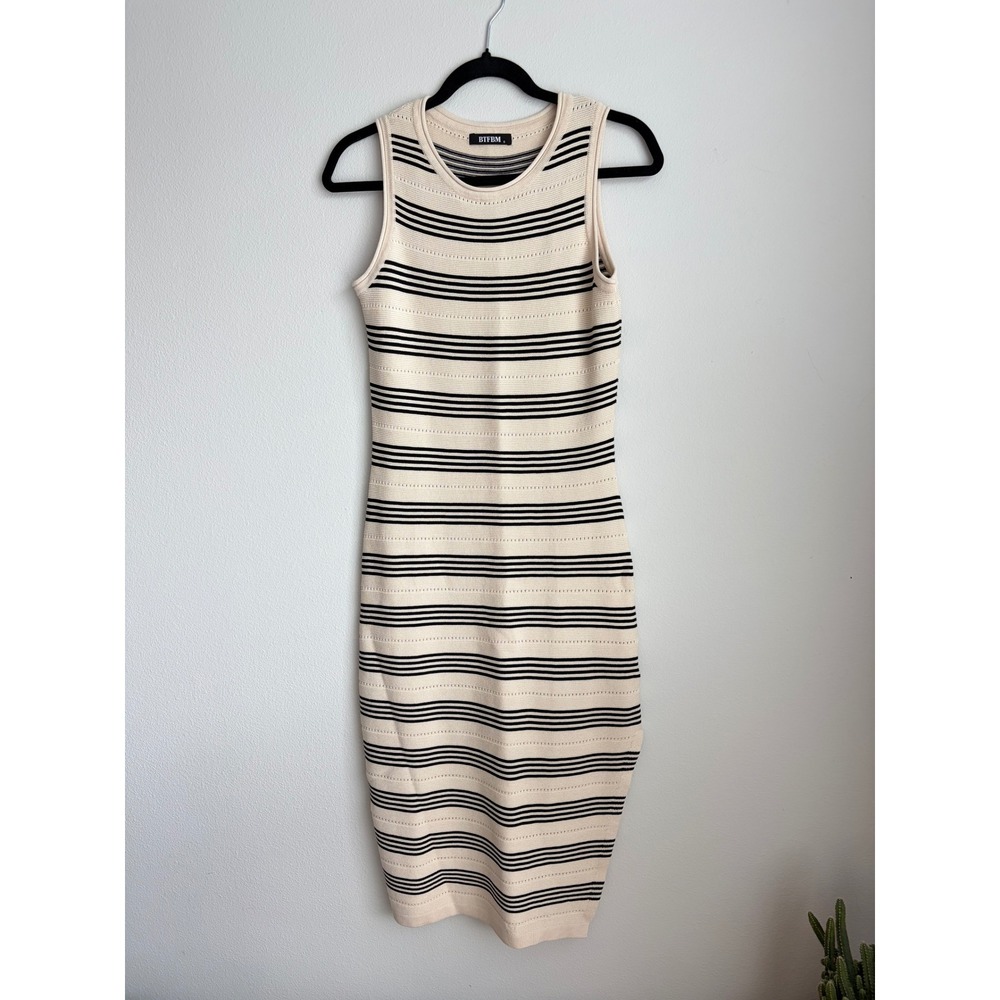 BTFBM Womens Striped Sleeveless Knit Midi Dress Cream Black Small